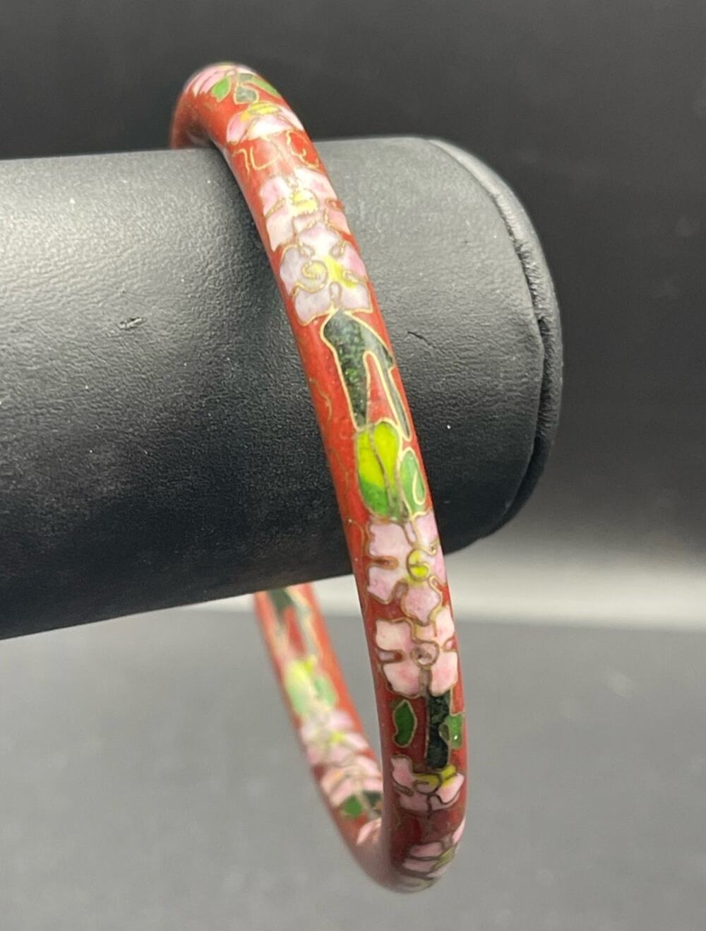 Cloisonne Large 3" Bangle Bracelet Pink Floral Red Enamel Gold Colorful Vintage